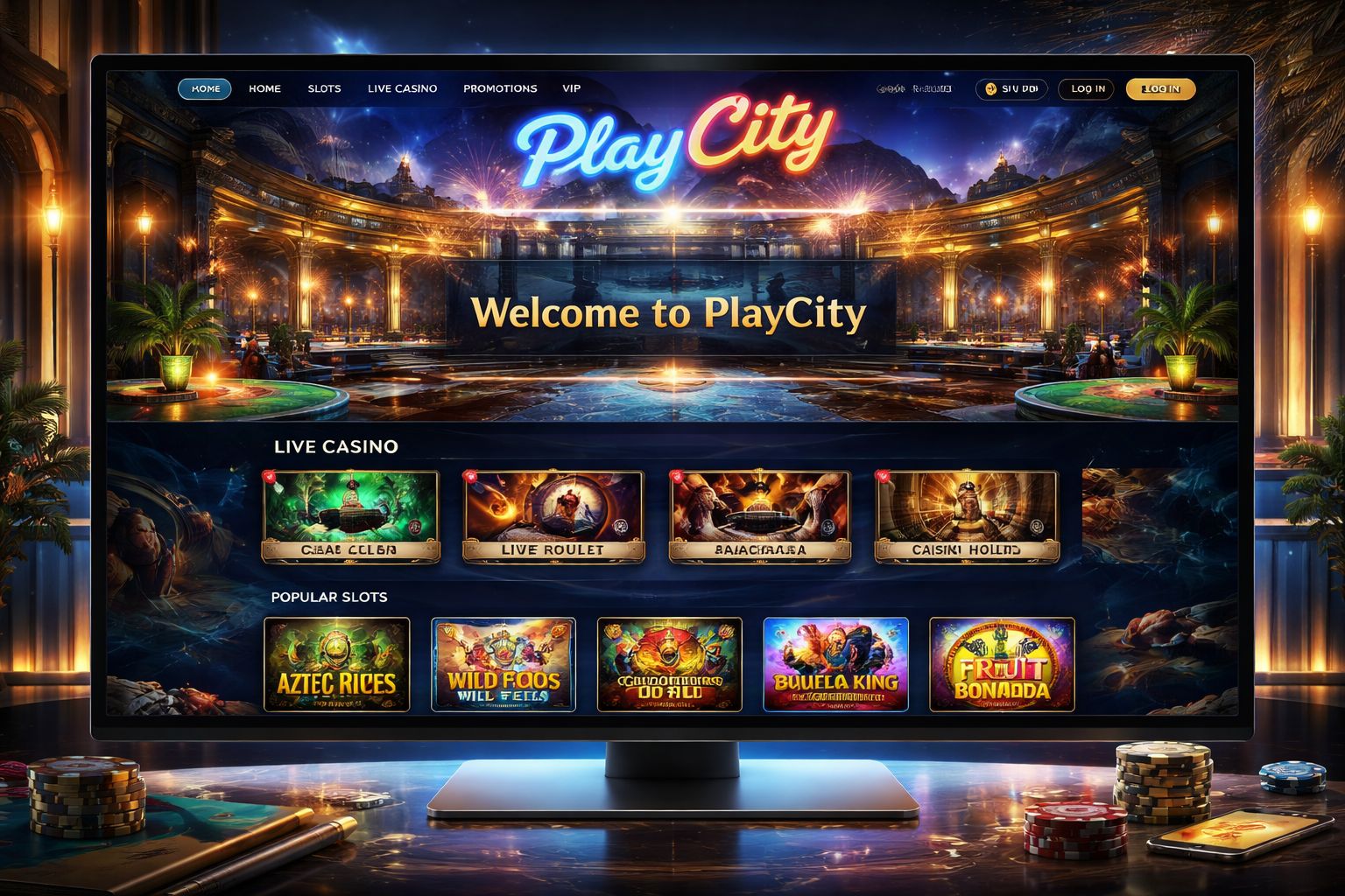 Vestíbulo en línea de PlayCity Casino con juegos en vivo y tragamonedas para jugadores en México