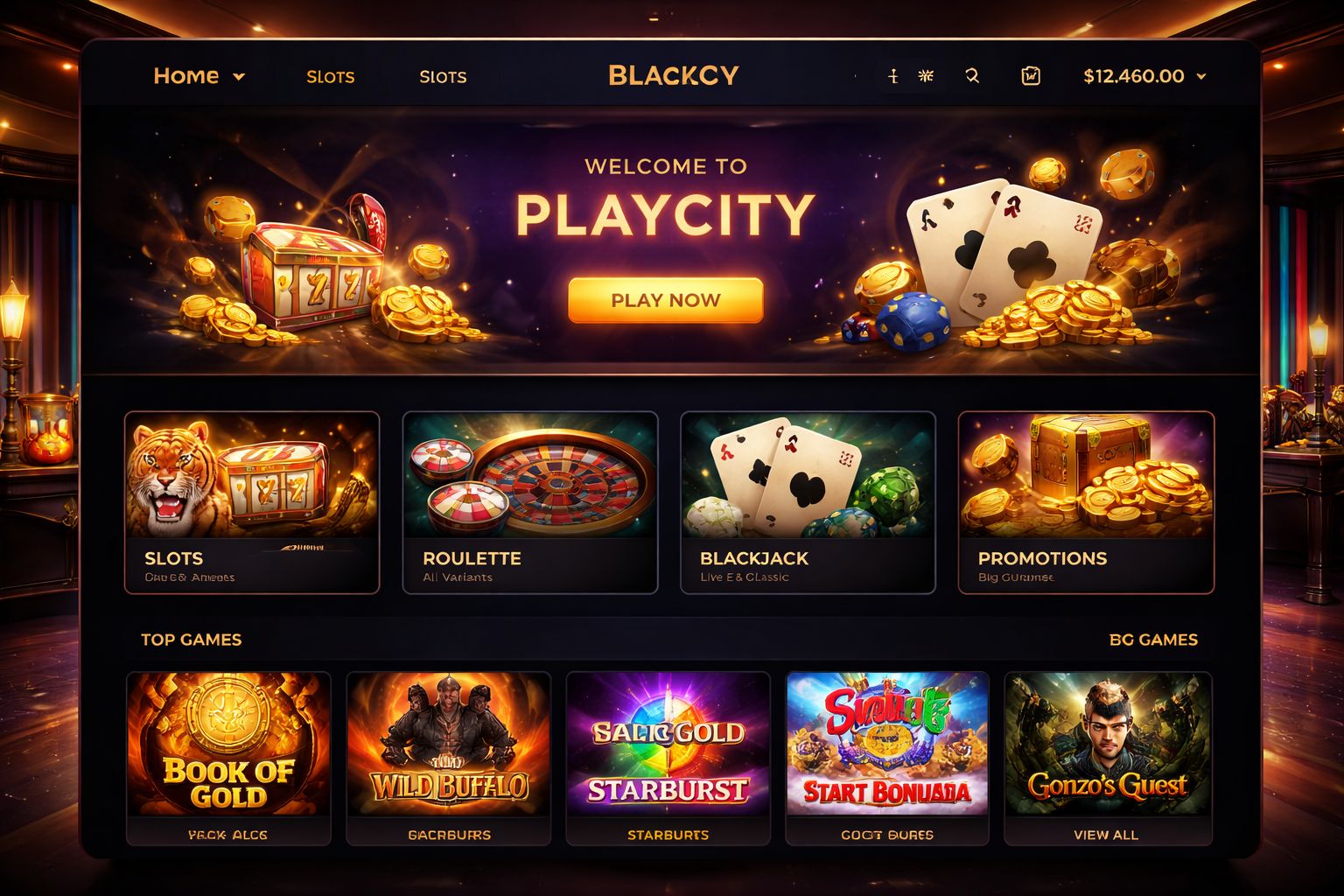 Pantalla de la plataforma PlayCity Casino mostrando categorías de juegos organizadas y acceso a casino en vivo