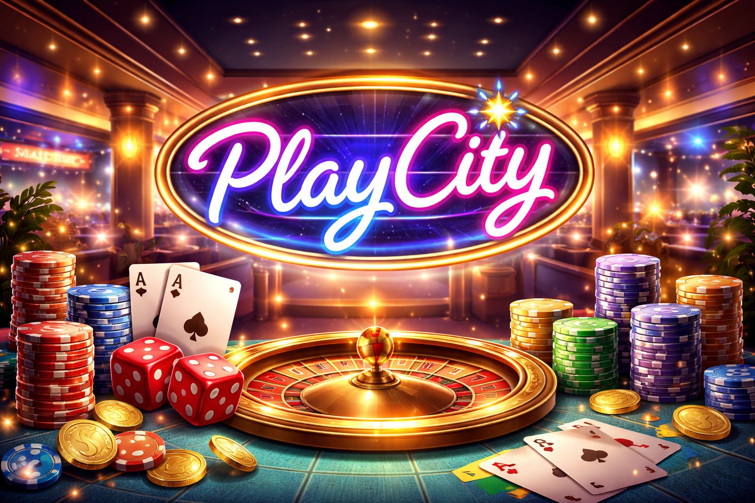 Una vibrante escena de casino PlayCity con luces brillantes, fichas, cartas y un letrero visible de PlayCity en un entorno digital festivo.