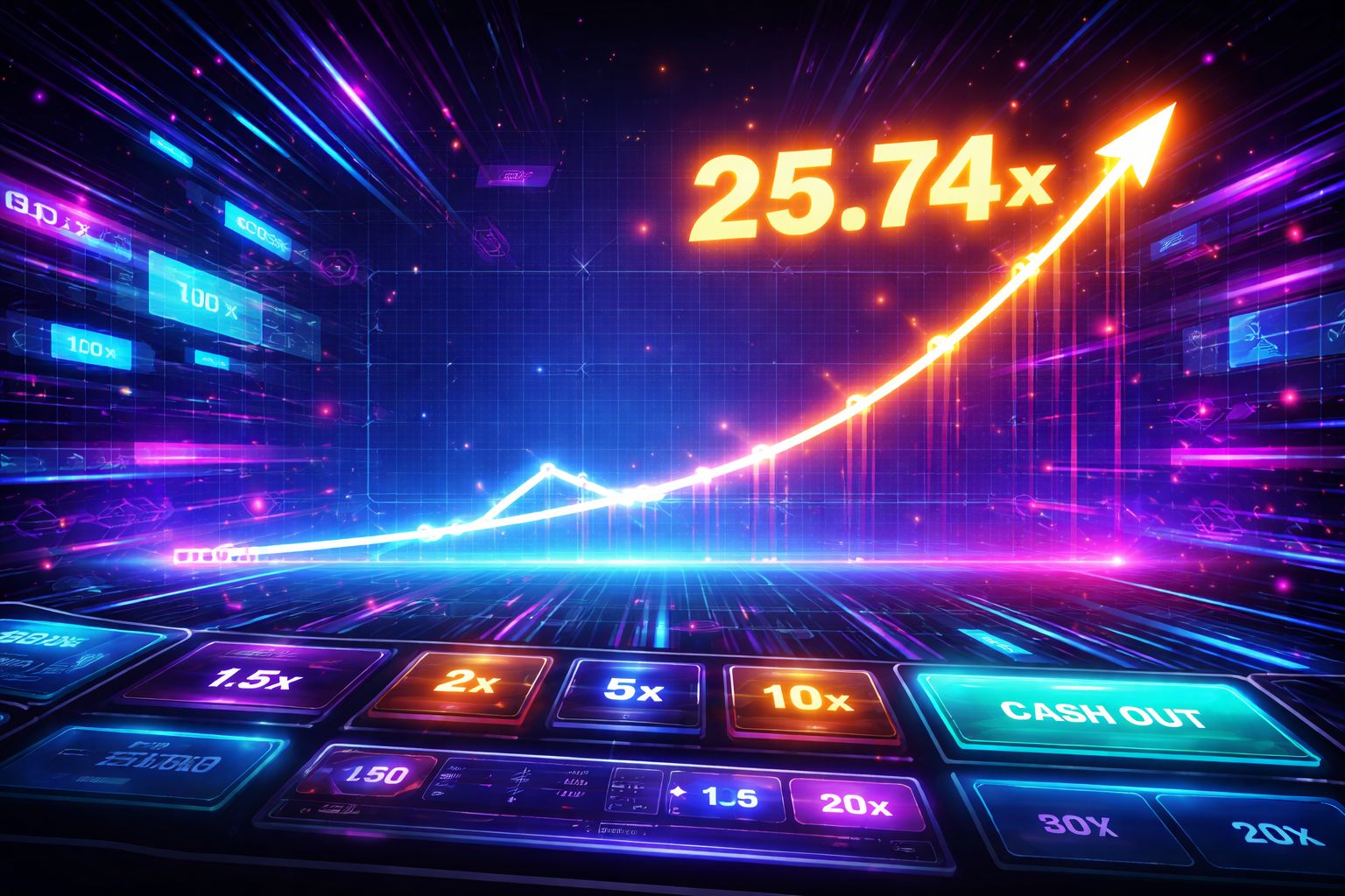 Una dinámica pantalla de juego PlayCity mostrando un multiplicador ascendente y visuales neón energéticos en una sesión rápida.