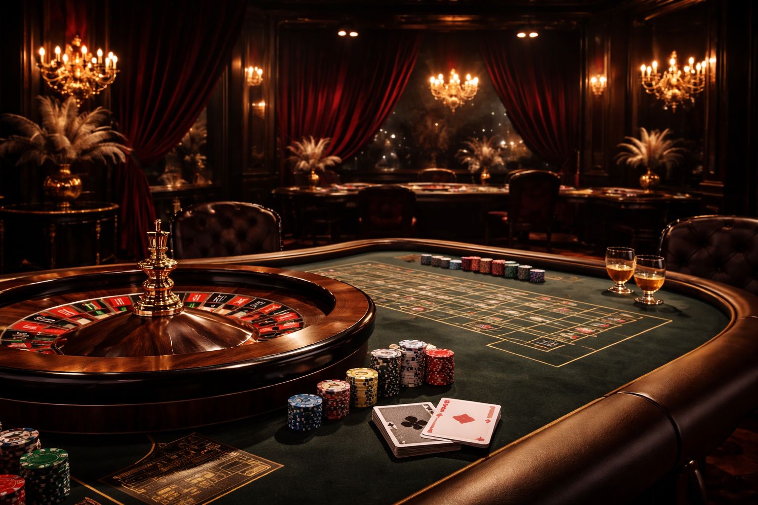 Una elegante escena de mesa de casino en vivo en PlayCity con cartas, elementos de ruleta y una configuración premium de transmisión.